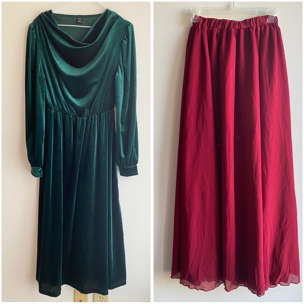 Elegant Green Velvet Dress - Long Red Chiffon Maxi Skirt Size Small Alfredine